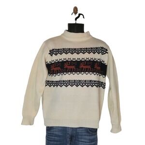 Vintage Sweater Mens M Mock Neck Ivory Fair Isle Moose 80s Pullover Discovery